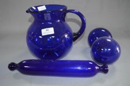 Blue Glassware, Large Jug, Witches Bowls and Rolling Pin