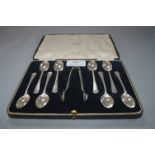 Cased Set of Eight Teaspoons Plus Sugar Tongs - Sheffield 1934, Approx 134g