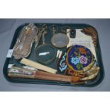 Tray Lot of Assorted Items; Beaded Purse, Snuff Box, Magnifying Glass, Fans, etc.