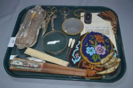 Tray Lot of Assorted Items; Beaded Purse, Snuff Box, Magnifying Glass, Fans, etc.