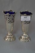 Pair of Engraved & Pierced Silver Vases with Blue Glass Liners - CS&HS London 1904, Approx 306g