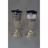 Pair of Engraved & Pierced Silver Vases with Blue Glass Liners - CS&HS London 1904, Approx 306g