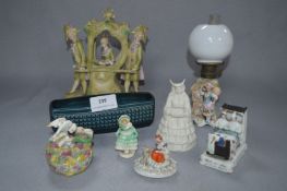 Staffordshire Ware Including Nest Spill Vase, Fairing, Oil Lamp, Figurines, etc.