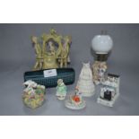 Staffordshire Ware Including Nest Spill Vase, Fairing, Oil Lamp, Figurines, etc.