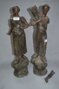 Pair of Tall Spelter Figurines - Farming Boy & Girl