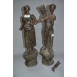 Pair of Tall Spelter Figurines - Farming Boy & Girl