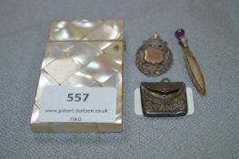 Mother of Pearl Card Case, Silver Stamps Holder, Fob and Bookmark