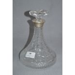 Silver Topped Glass Ship Decanter with Birmingham Hallmark