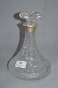 Silver Topped Glass Ship Decanter with Birmingham Hallmark