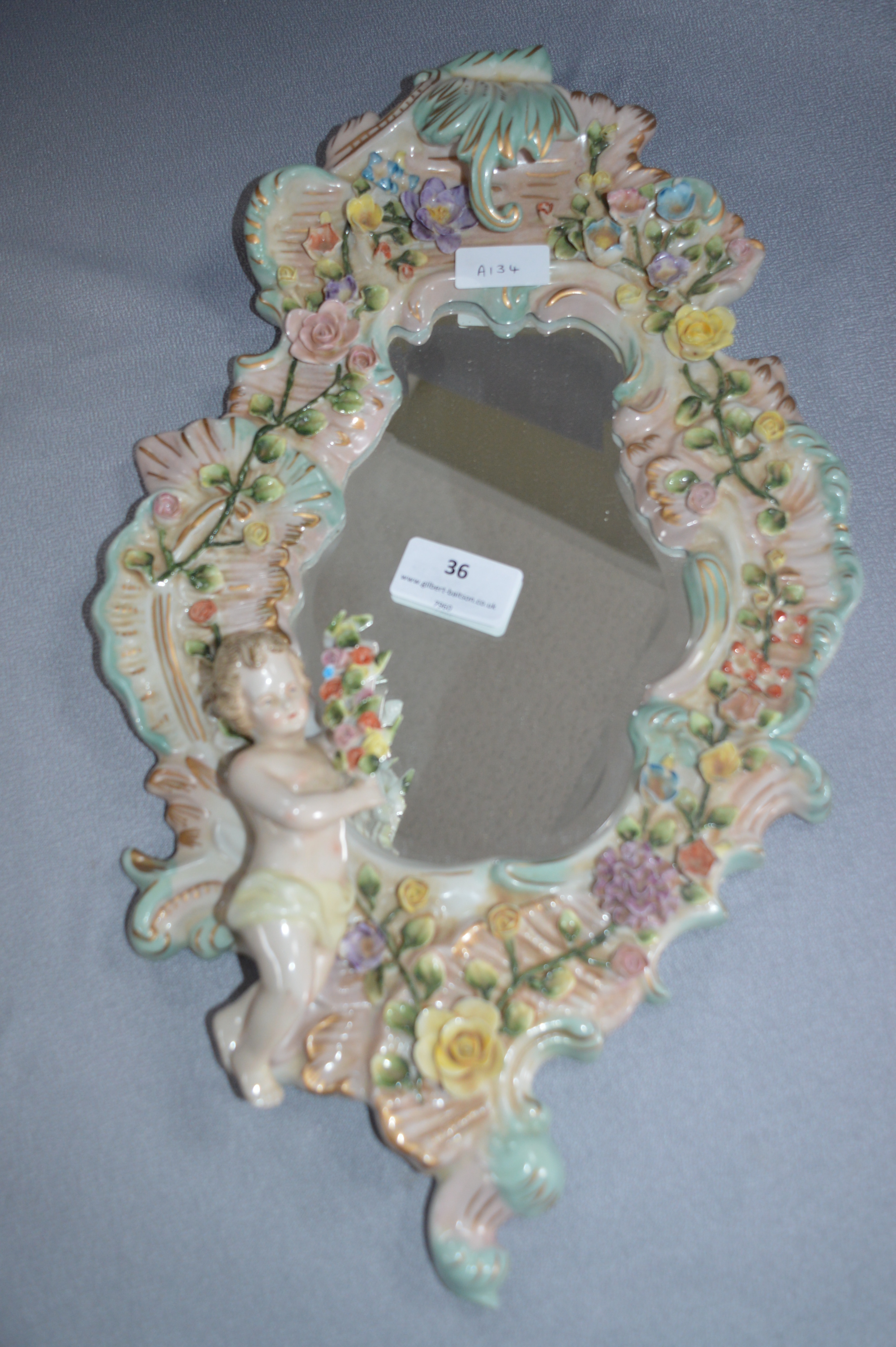 Continental Porcelain Floral & Cherub Design Wall Mirror