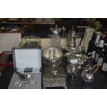 Silver Plated Items; Claret Jug, Serving Dishes, Gravy Boats, etc.