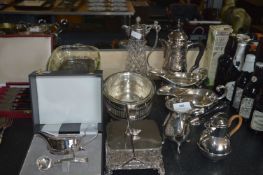 Silver Plated Items; Claret Jug, Serving Dishes, Gravy Boats, etc.