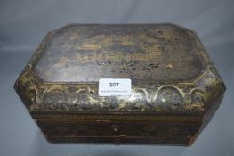 Victorian Chinese Export Black Lacquered & Gilt Decorated Sewing Box with Ivory Sewing Equipment