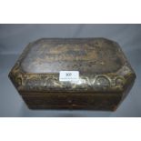 Victorian Chinese Export Black Lacquered & Gilt Decorated Sewing Box with Ivory Sewing Equipment