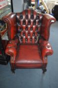 Oxblood Leather Buttoned Wingback Armchair
