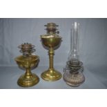 Two Victorian Brass Oil Lamps and and One Glass Oil Lamp