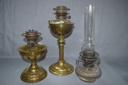 Two Victorian Brass Oil Lamps and and One Glass Oil Lamp