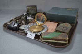 Tray Lot of Collectibles; Keys, Headphones, Alarm Clock, Compacts, Small Clock, Harmonica, etc.