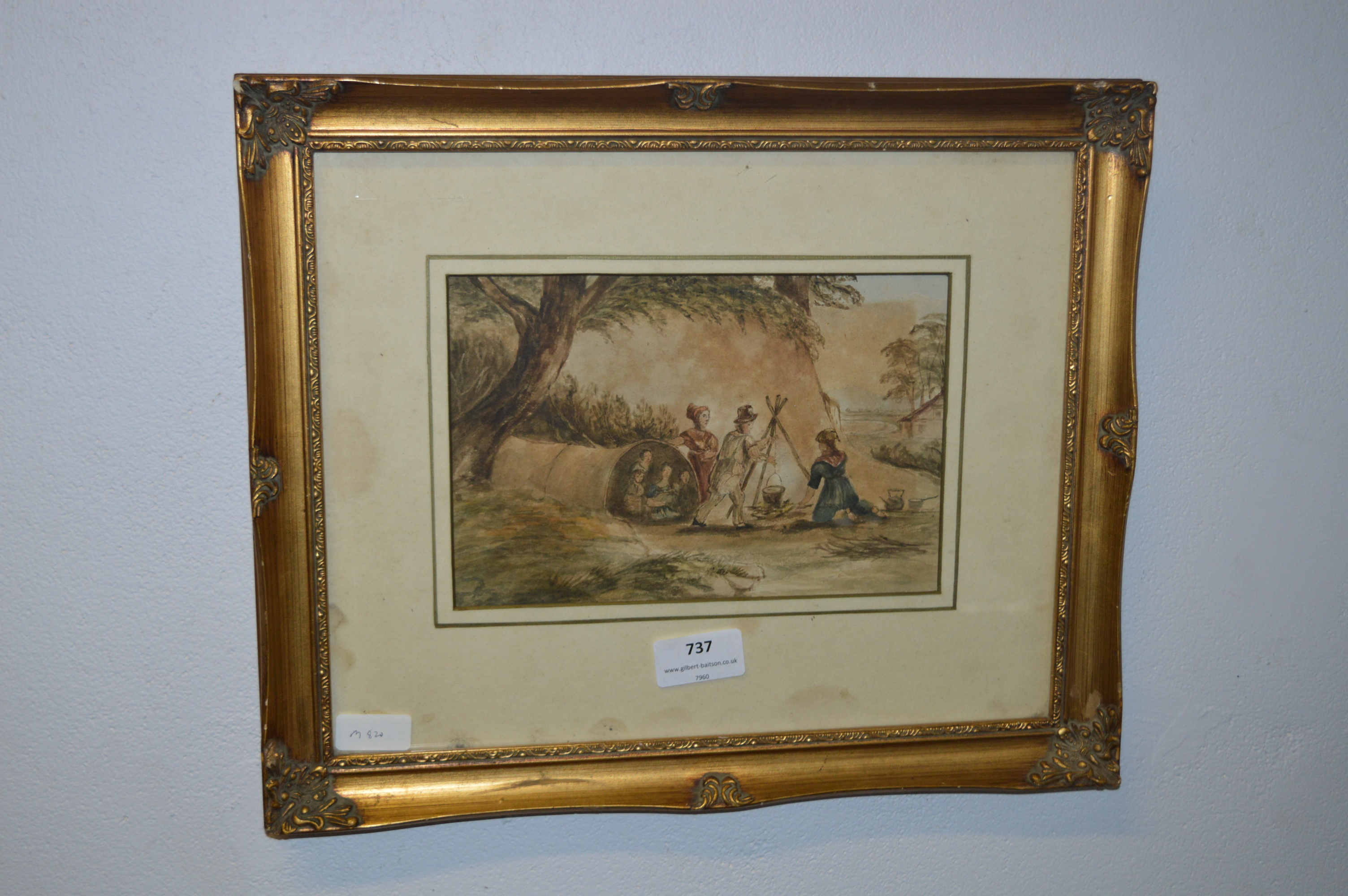 Gilt Framed 19th Century Watercolour - Country Scene with Camping Family