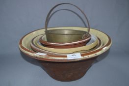 Cream & Brown Glaze Mixing Bowls and a Brass Jam Pan