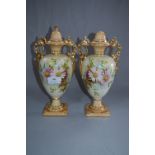 Pair of Victorian Floral & Gilt Decorated Vases with Lids
