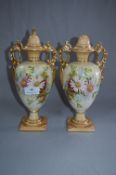 Pair of Victorian Floral & Gilt Decorated Vases with Lids