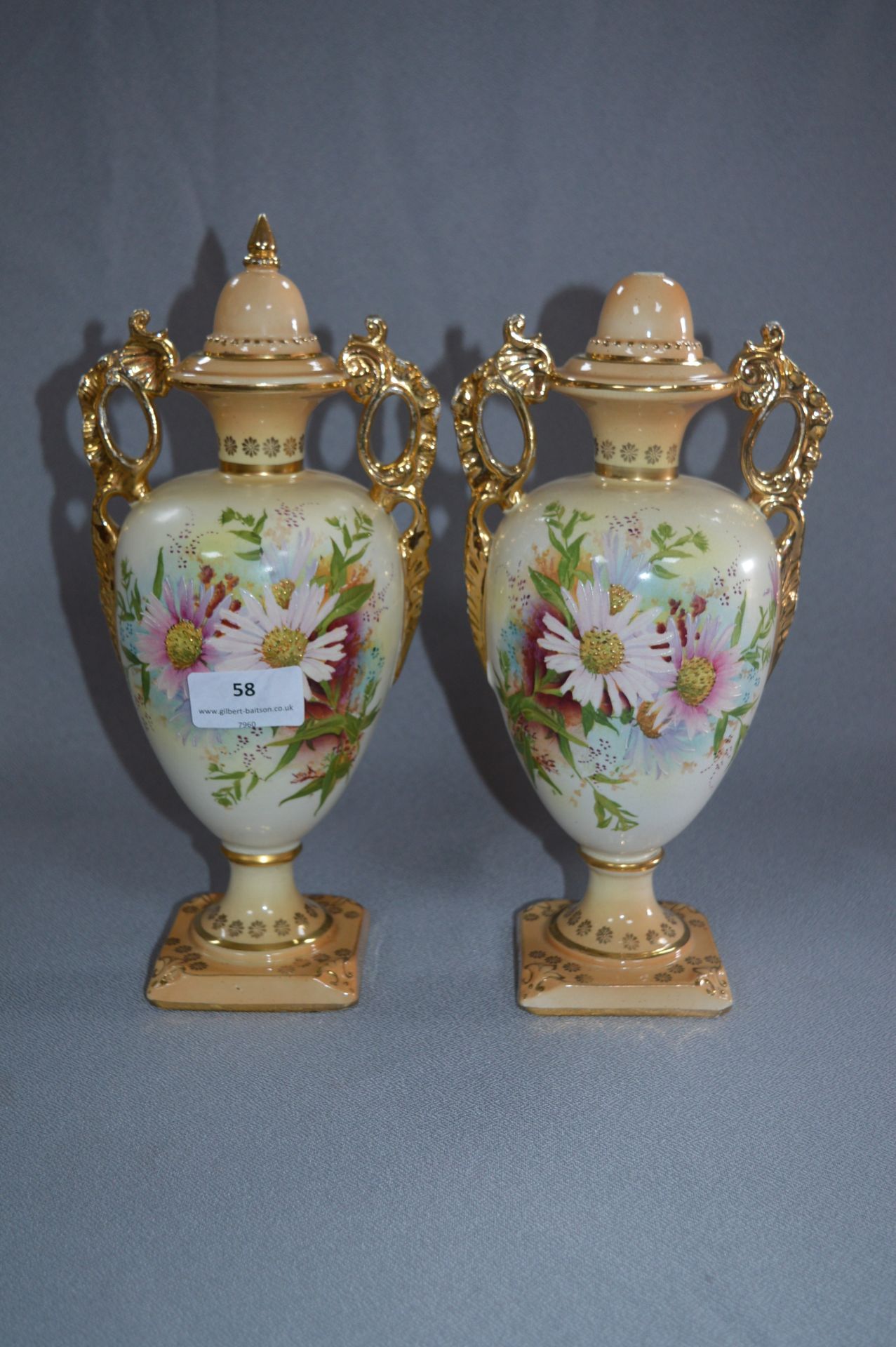 Pair of Victorian Floral & Gilt Decorated Vases with Lids