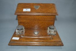 Edwardian Oak Stationery Desk Cabinet with Ink Wells