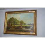Gilt Framed Oil Painting on Canvas - Country River Scene with Boats Signed Smith
