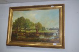 Gilt Framed Oil Painting on Canvas - Country River Scene with Boats Signed Smith
