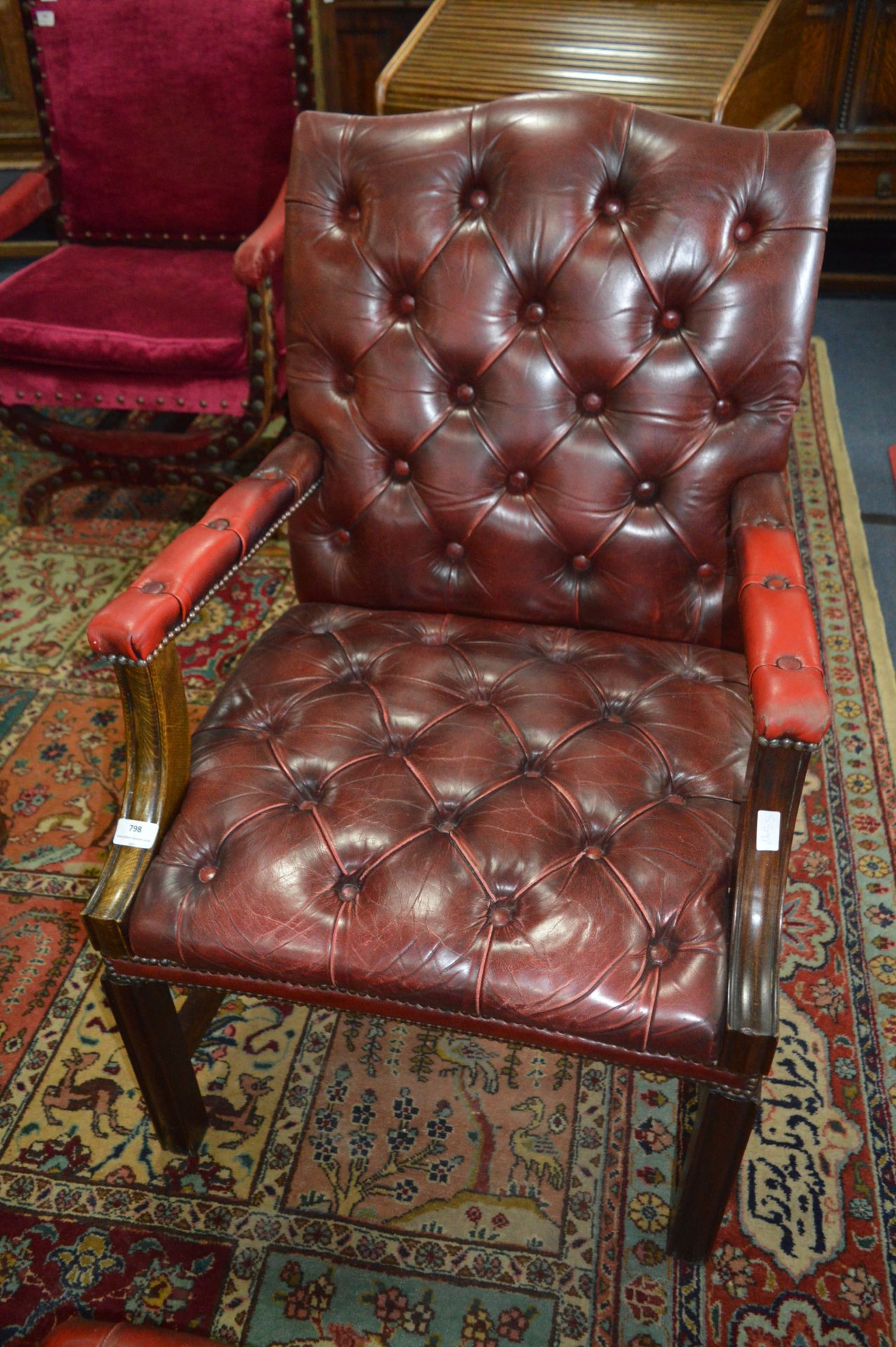 Oak Framed Oxblood Buttoned Leather Armchair