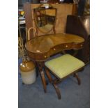 Walnut Veneered Kidney Shaped Dressing Table with Stool