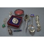 Assorted Silver Items; Fobs, Brooches, Christening Bracelet, Spoon, etc.