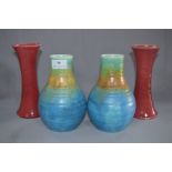 Pair of Beswick Art Deco Blue Ground Vases and Two Others