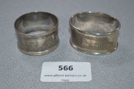 Two Silver Napkin Rings - One Sheffield 1954, Approx 27.6g and One Birmingham 1918, Approx 16.6g