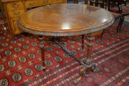 Victorian Walnut Inlaid Drop Leaf Gate Leg Dining Table with Carved Boarders and Supports