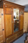 Edwardian Mahogany Inlaid Triple Wardrobe with Central Mirror Door