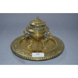 Decorative Embossed Brass Inkwell on Circular Plate