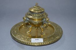 Decorative Embossed Brass Inkwell on Circular Plate