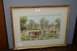 Gilt Framed Watercolour - Farming Scene with Cattle by Arthur White