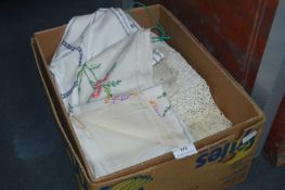 Box Containing Needlework and Crochet Table Linen