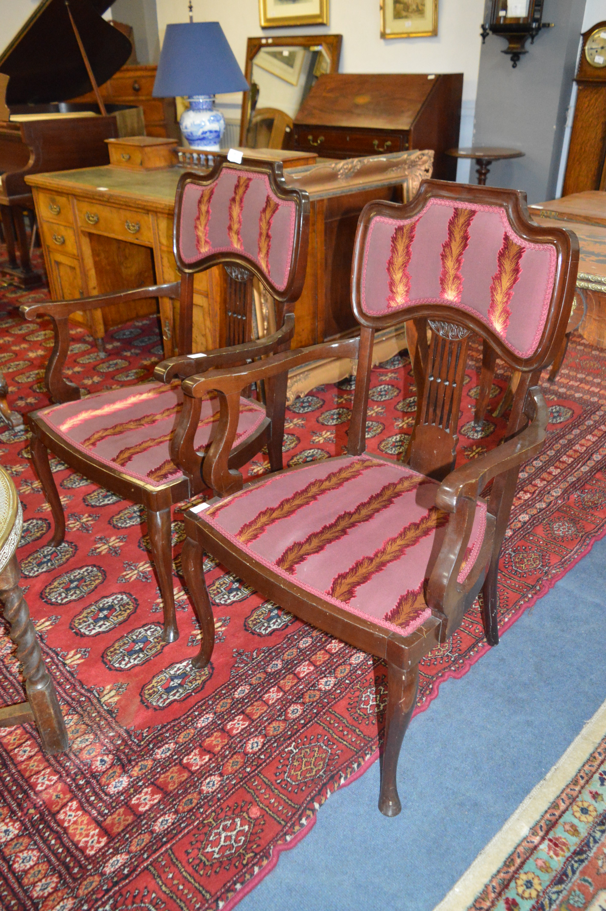 Pair of Edwardian Walnut Slatback Dinning Chairs with Upholstered Seat and Padded Back