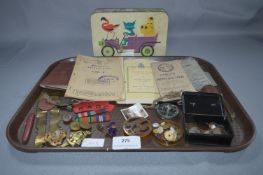 Tray Lot of Militaria; Soldiers Release Book, Service Book, Cap Badges, British Coinage, Dogtags, et