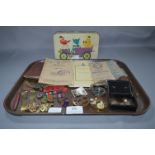 Tray Lot of Militaria; Soldiers Release Book, Service Book, Cap Badges, British Coinage, Dogtags, et