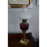 Victorian Brass & Coloured Glass Oil Lamp