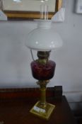 Victorian Brass & Coloured Glass Oil Lamp