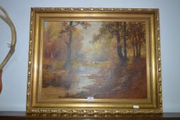 Gilt Framed Oil on Canvas - Continental Woodland Scene