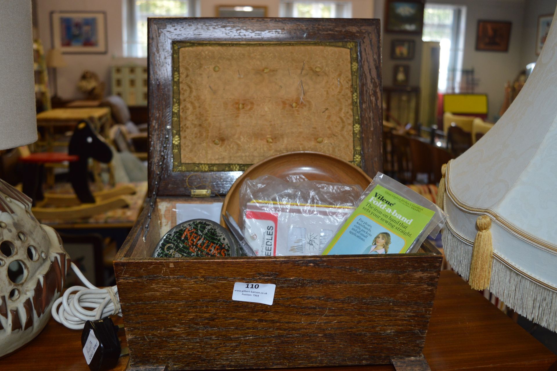 Oak Sewing Box and Contents