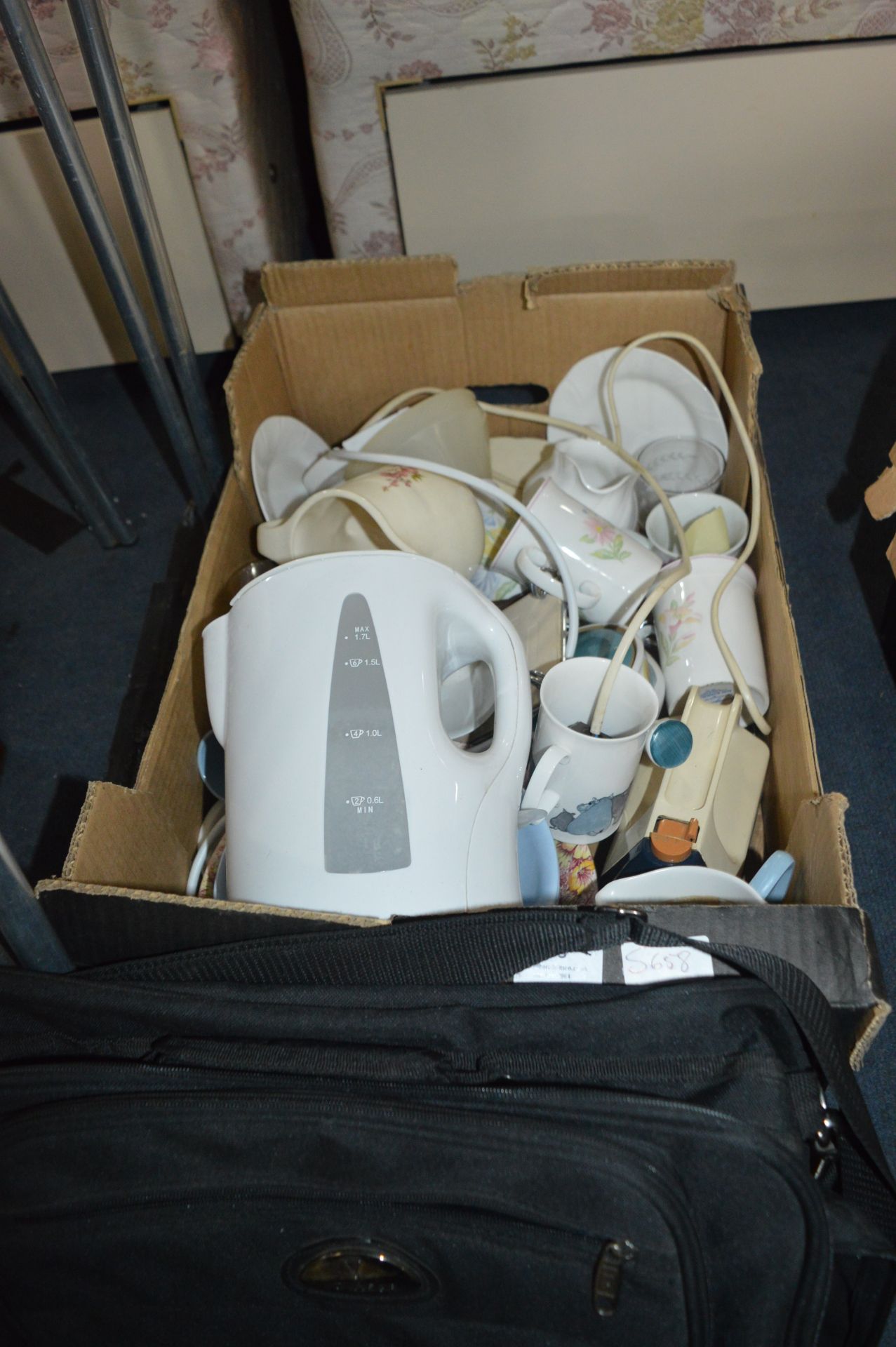 Box Containing Mugs, Kettle, Dinnerware, etc.