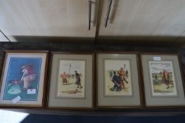 Set of Four Framed Coloured Comical Golfing Prints